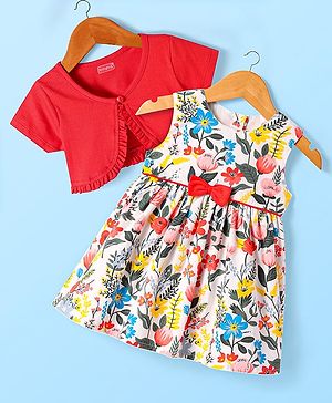 Babyhug Cotton Woven Half Sleeves Shrug & Floral Printed Frock with Bow Applique - Red & White
