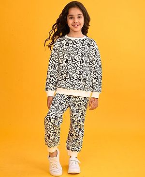 Anthrilo Fleece Full Sleeves Hearts Printed Sweatshirt With Coordinating Joggers Set - Black