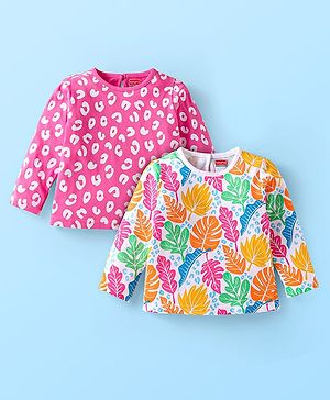 Babyhug Cotton Knit Full Sleeves T-Shirts with Leaves Print Pack of 2 - Dark Pink & White