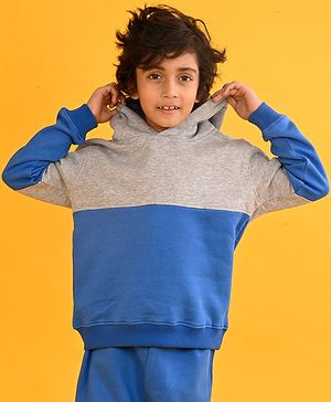 Anthrilo Fleece Full Sleeves Color Blocked Hoodie - Royal & Grey