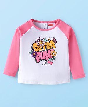 Babyhug Cotton Knit Full Raglan Sleeves T-Shirt With Text & Floral Print - Pink & White
