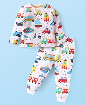 Babyhug Cotton Knit Full Sleeves Night Suit With Vehicles Print - White