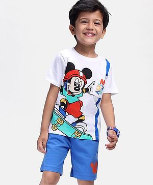 Babyhug Disney Single Jersey Knit Half Sleeves T-Shirt & Shorts Set With Mickey Mouse Graphics  & Patch Detailing - Blue & White