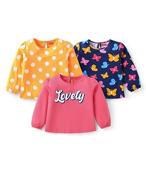 Babyhug Cotton Knit Full Sleeves T-Shirts with Polka Dots & Butterfly Print Pack of 3 - Yellow Pink & Navy Blue