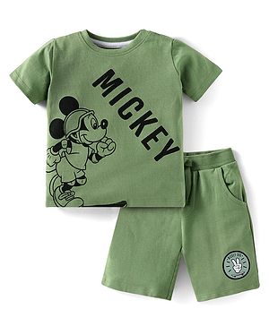 Babyhug Disney Single Jersey Knit Half Sleeves T-Shirt & Shorts Set With Mickey Mouse Graphics - Green
