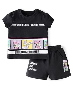 Babyhug Disney Cotton Knit Half Sleeves T-Shirt & Shorts Set With Minnie & Friends Graphics - Black