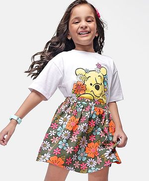 Babyhug Cotton Knit Half Drop Shoulder Sleeves Top with Winnie The Pooh Graphics & Floral Printed Skirt - White