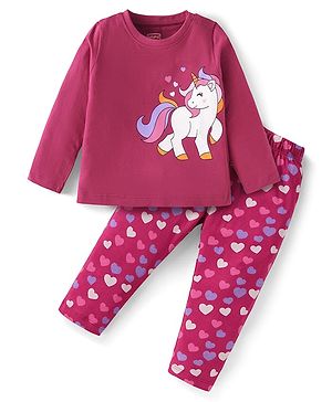 Babyhug Cotton Knit Full Sleeves Night Suit with Unicorn & Heart Print - Dark Pink