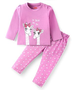 Babyhug Cotton Knit Full Sleeves Night Suit with Giraffe & Heart Print - Lilac