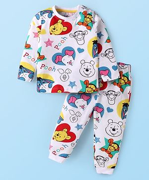 Babyhug Disney Full Sleeves Nightsuit Set With Pooh Graphics - White