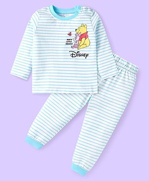 Babyhug Disney Single Jersey Knit Full Sleeves Night Suit Set With Winnie The Pooh Graphic & Stripes - Light Blue