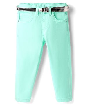 Babyhug Denim Full Length Washed Jeans With Stretch & Belt - Aqua Blue