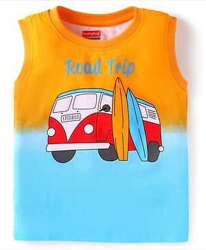 Babyhug Cotton Knit Sleeveless Tank T-Shirt With Vehicle Print - Yellow