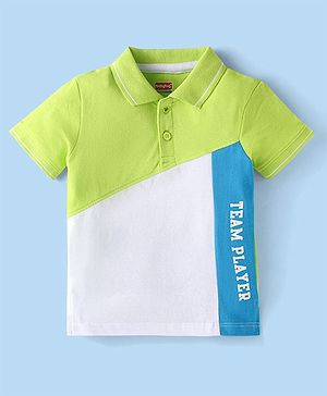 Babyhug Cotton Knit Half  Sleeves Polo T-Shirt with Text Graphics - Green & White
