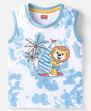 Babyhug Cotton Knit Sleeveless T-Shirt with Lion Graphics - White