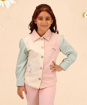 Cutecumber Full Sleeves Floral Embroidered Shirt Style Top - Peach