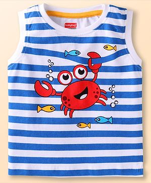 Babyhug Cotton Knit Sleeveless Striped Tank T-Shirt With Crab Print - Navy Blue