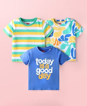 Babyhug Cotton Knit Half Sleeves T-Shirts With Text Print Pack of 3 - Blue Green & White
