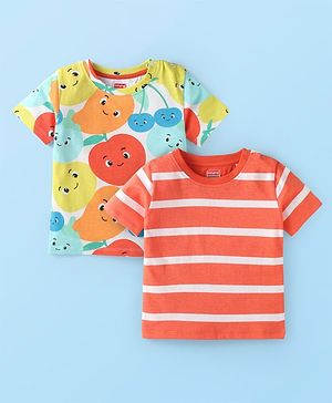 Babyhug Cotton Knit Half Sleeves T-Shirts With Fruit Print Pack of 2 - Red & White