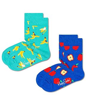 HAPPY SOCKS Pack Of 2 Organic Cotton Blend Fruits Designed Colour Blocked Socks - Green & Blue