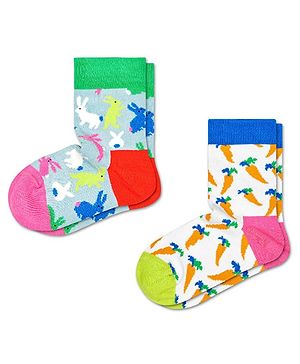 HAPPY SOCKS Pack Of 2 Organic Cotton Blend Rabbits & Carrots Designed Colour Blocked Socks - Multi Colour