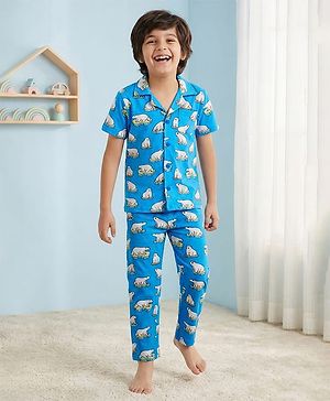 Pine Kids Single Jersey Knit Half Sleeves Night Suit Polar Bear Print - Blue