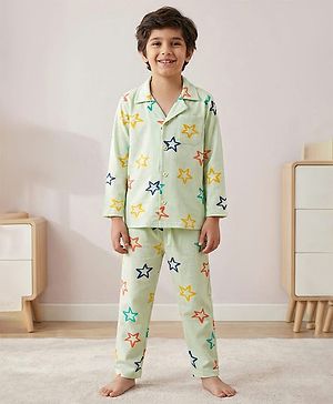 Pine Kids Single Jersey Knit Full Sleeves Front Open Night Suit Star Print - Sea Green