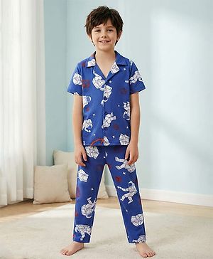 Pine Kids Single Jersey Knit Half Sleeves Night Suit with Astronaut Print - Blue