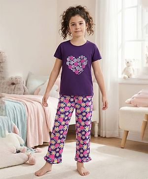 Pine Kids Single Jersey Knit Half Sleeves Night Suit with Strawberry Print - Purple