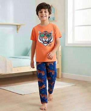 Pine Kids Single Jersey Knit Half Sleeves Night Suit with Tiger Print - Orange & Blue