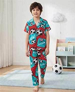 Pine Kids Single Jersey Knit Half Sleeves Night Suit with Football Print - Mint Green