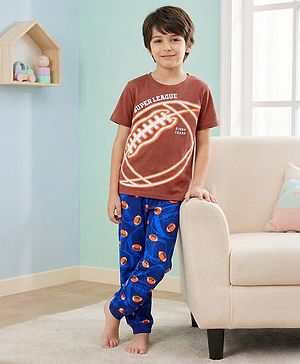 Pine Kids Single Jersey Knit Half Sleeves Night Suit with Rugby Ball Print - Navy Blue & Brown