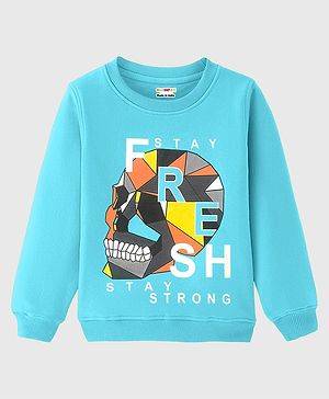 KUCHIPOO Fleece Full Sleeves Text & Skull Printed Sweatshirt - Blue