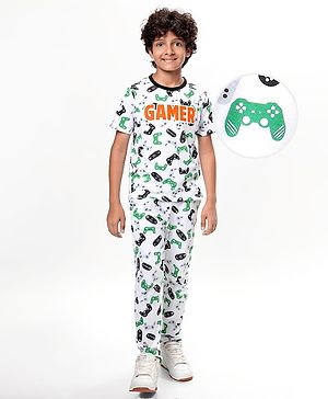 Pine Kids Single Jersey Knit Half Sleeves Night Suit With Gamer Text Print - White