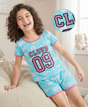 Pine Kids Single Jersey Knit Half Sleeves Shorts Night Suit Text Glitter Print - Light Blue