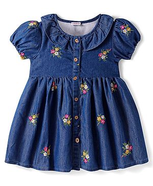 Babyhug Cotton Knit Half Puffed Sleeves Peter Pan Collared Frock with Floral Embroidery - Navy Blue