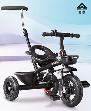 Babyhug Cruise Plug & Play Trike with Mild Steel Frame & Parental Handle Front & Rear Storage Basket with 3 Rubber Wheels with Foldable Foot Rest & Bell - Black