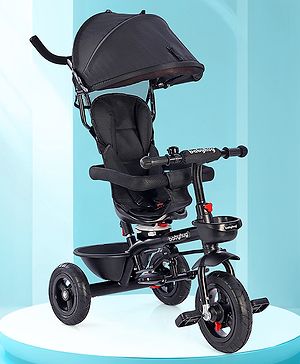 Babyhug Hermes Glider Plug & Play Trike with 360° Rotatable Seat & Parental Handle with Canopy Rubber Wheels & Storage Baskets with Bell - Black