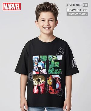 Pine Kids Marvel Terry Knit Half Sleeves Oversized T-Shirt with Avengers Graphics & Sequins Detailing - Black