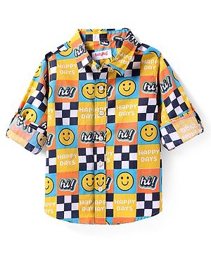 Babyhug Cotton Woven Full Sleeves Shirt with Smiley Print - Yellow & Blue