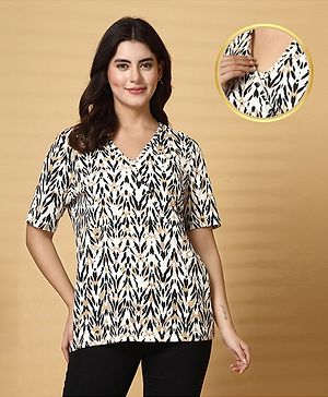 Zelena 100% Cotton Half Sleeves Animal Printed Maternity Zipless Feeding Top With Nursing Access - Beige & Black