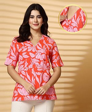 Zelena 100% Cotton Half Sleeves Floral Printed Maternity Zipless Feeding Top With Nursing Access - Red & Pink