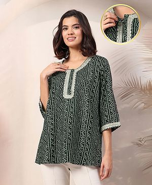 Zelena 100% Rayon Three Fourth Sleeves Bandhani Printed Maternity Zipless Feeding Top With Nursing Access - Green