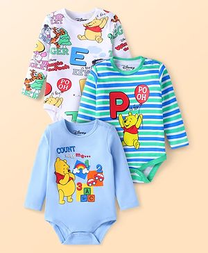 Babyhug Disney Interlock Knit Full Sleeves Onesies with Winnie the Stripes & Pooh Graphics Pack of 3 - White & Blue