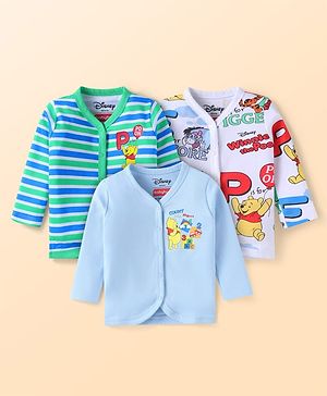 Babyhug Disney Interlock Knit Full Sleeves Front Open Jhablas With Winnie The Pooh Graphics Pack Of 3 - Blue White & Light Blue