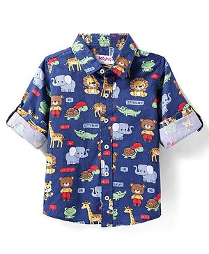 Babyhug Cotton Woven Full Sleeves Shirt with Animal Print - Navy Blue
