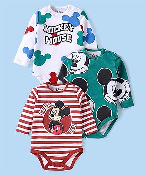 Babyhug Disney Interlock Knit Full Sleeves Onesies with Mickey Mouse Graphics Pack of 3 - White Red & Green