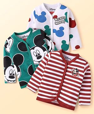 Babyhug Disney Interlock Knit Full Sleeves Front Open Jhablas With Mickey Mouse Graphics Pack Of 3 - White Dark Green