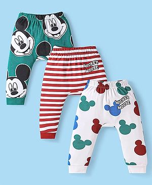 Babyhug Disney  Interlock Knit Full Length Diaper Leggings With Mickey Mouse Graphics Pack of 3 - Green Red & White