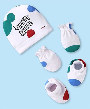 Babyhug Disney Interlock Knit Cap Mittens & Booties With Mickey Mouse Print White - Diameter 9 cm